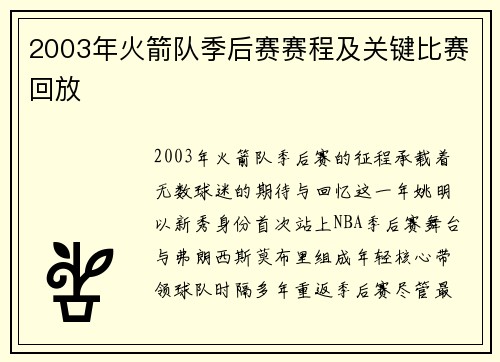 2003年火箭队季后赛赛程及关键比赛回放
